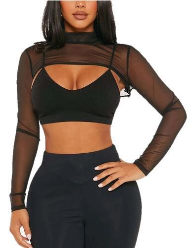 Crop Top De Mesh O Malla (mangas) Transparente Manga Larga 