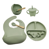 Kit 8 Introdução Alimentar Silicone Talheres De Bebê Prato Babador Cor Verde