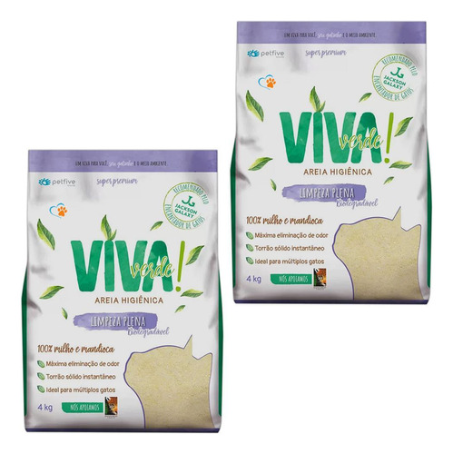 Kit 02un Areia Higiênica Gatos Viva Verde Limpeza Plena 4kg