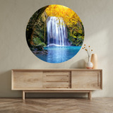 Vinilo Para Pared Circular Diseño Paisaje Cascada 70x70cm