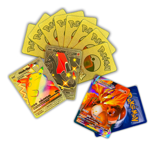 Kit 10 Cartas Pokémon Metalizadas + Charizard Vmax 500 Hp