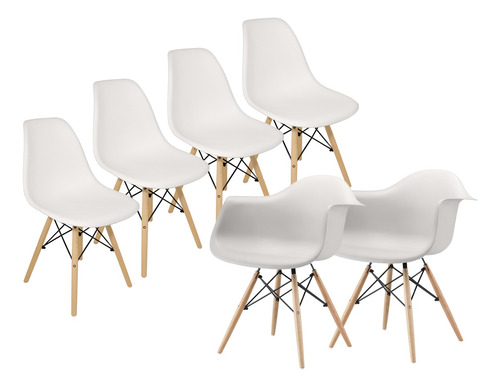 Set 4 Sillas + 2 Sillones Eames Diseño Moderno Pata Madera 