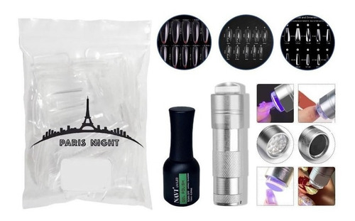 Kit Soft Gel 50 Tips Paris Night + Base Kapping+ Linterna Uv