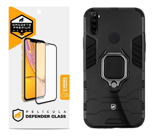 Kit Capa Defender Black Pelicula Defender Glass Redmi Note 8