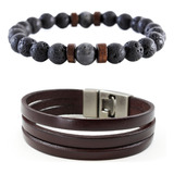 Pack Brazalete Cuero Hombre Y Pulsera Piedras Naturales