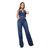 Conjunto Feminino Calça Jeans Wide Leg + Cropped