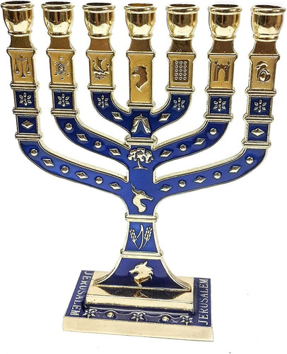 7 Velas Golden Menorah, 12 Tribus De Israel, Color Azul, 4.7