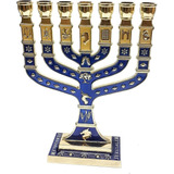 7 Velas Golden Menorah, 12 Tribus De Israel, Color Azul, 4.7