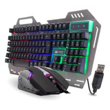 Kit Teclado E Mouse Gamer Semi Mecânico Led Usb Fio Rainbow