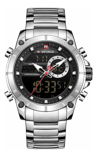 Reloj De Pulsera Naviforce Nf9163 De Cuerpo Color Plateado, Analógico-digital, Para Hombre, Fondo Negro, Con Correa De Acero Inoxidable Color Plateado, Agujas Color Plateado, Blanco Y Rojo, Dial Plate