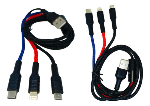 Cable Carga Rápida 3 En 1 Compatible Con iPhone, V8, Tipo C