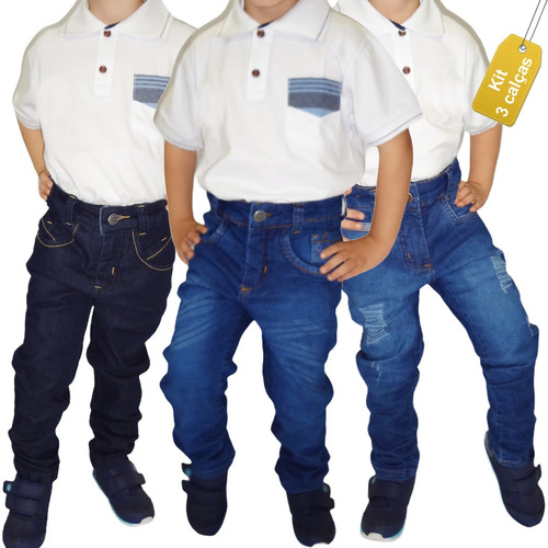 Kit 3 Calças Jeans Infantil Menino Masculina Direto Fábrica