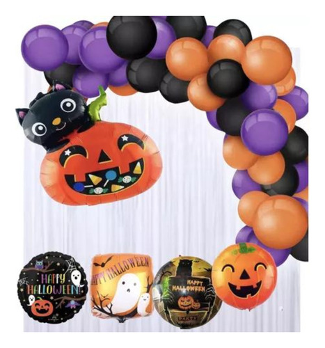 Kit Combo Decoración Halloween Globos Guirnalda Cortina