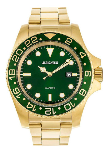 Relógio Magnum Masculino Dourado Verde Original Ma32934g Kit