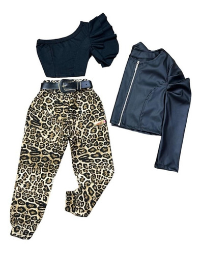 Look Inverno Feminino Infantil Jaqueta Couro Cropped E Calça