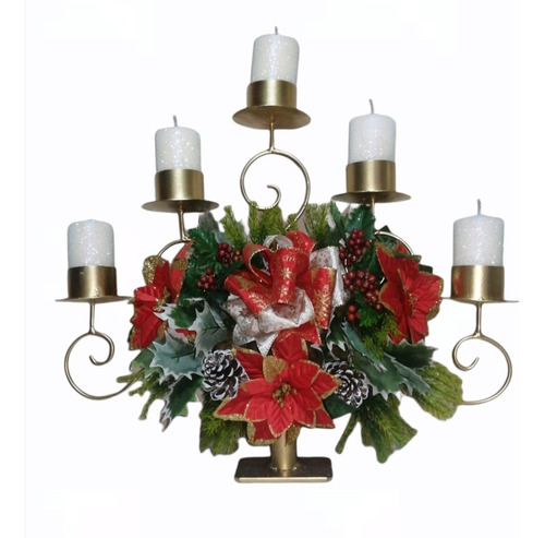 Candelabro De Navidad Color Dorado Con 5 Cirios Blancos.