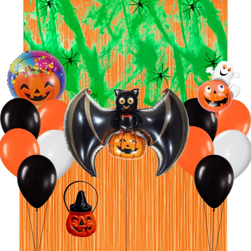 Combo Globos Cumple Halloween Naranja Murciélago Caramelera