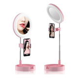 Aro De Luz Led+espejo De Maquillaje+soporte De Celular 3en1 Color De La Estructura Rosa Claro