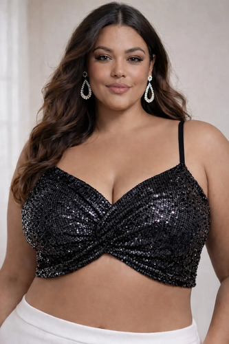 Cropped Top Plus Size Alça Paetê Festa Decote Torcido Brilho | MercadoLivre