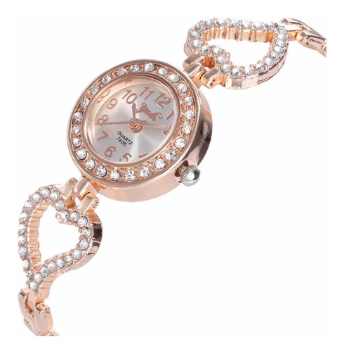 Reloj Elegante Mujer Cristales Corazón Dorado Rosado