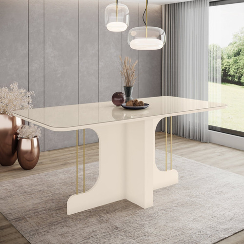 Mesa De Jantar Para 6 Lugares 1,8m Tampo Mdf E Vidro Canto