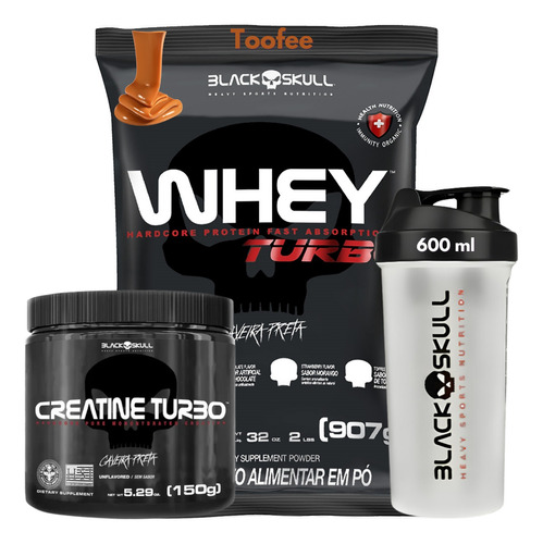 Kit Whey Turbo + Creatina 150g + Coqueteleira - Black Skull