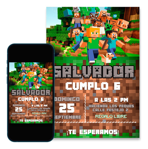 Invitación Digital Minecraft + Regalo Formato De Impresión