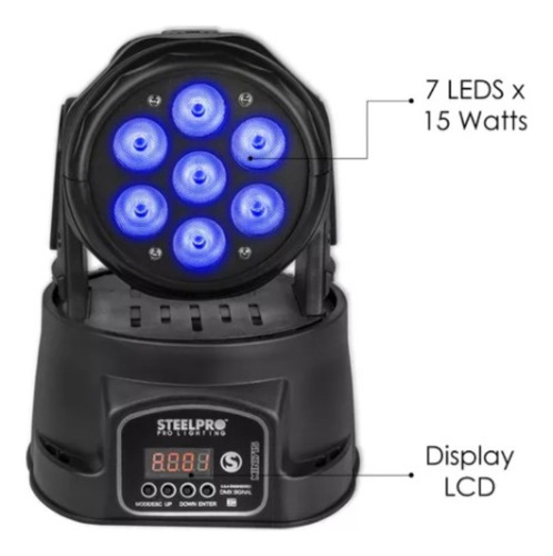 Cabeza Movil Led Wash 7x15w Rgbw 4 En 1 Full Color Steelpro