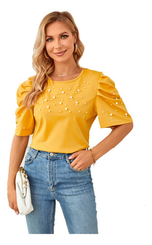 Blusa Mujer Con Corta Abombada Adornada Con Elegantes Perlas