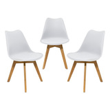 Kit 3 Cadeiras Mesa Sala De Jantar Saarinen Design Leda Wood Estrutura Da Cadeira Base Marrom Assento Branco Desenho Do Tecido Liso