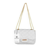 Bolso Mujer Dama Niña Bolsa Manos Libres Marca Karla Chacon Color Blanco Correa De Hombro Dorado Diseño De La Tela Liso