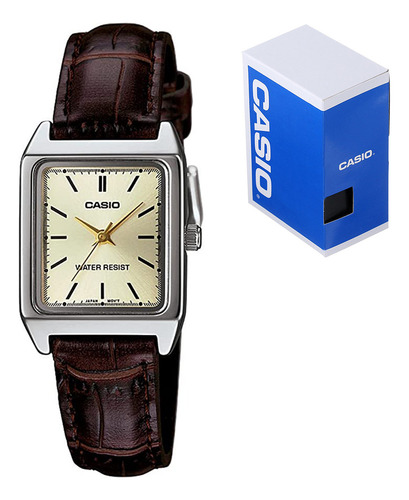 Reloj Casio De Dama Ltp V007 Piel Cafe Cara Dorada Barras