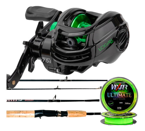 Kit Carretilha Pesqueiro Logan Bait+vara 1,80m 30lbs+ Linha 