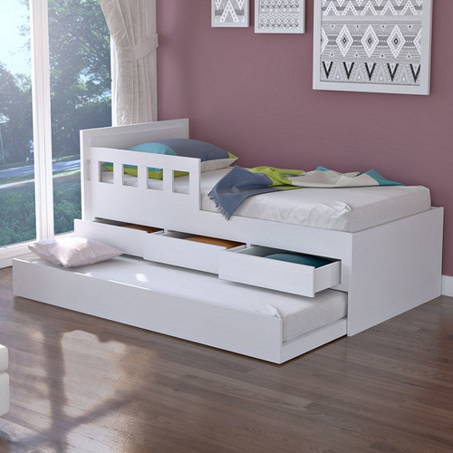 Cama Infantil Bicama 3 Gavetas Com Grade 100% Mdf 907910 Cor Branco