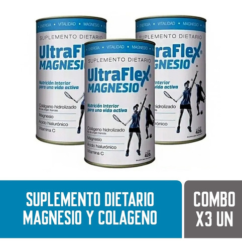 Pack 3 Ultraflex Magnesio Colágeno Hidrolizado En Polvo 420g