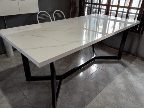 Mesa Laqueada Simil Mármol 180x080 Base Hierro 