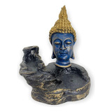 Incensário Cascata Cabeça Buda Azul 11cm Resina Meditação