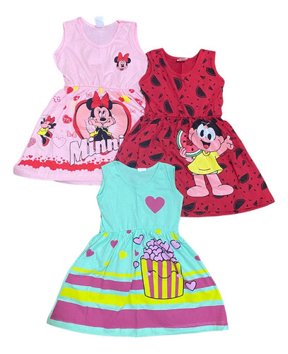 Kit 3 Vestidos Verão Infantil Menina Personagem 100%algodão