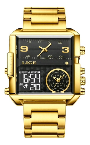 Relógio Dourado 40mm Digital Analógico 3atm Aço Luxo 146g 