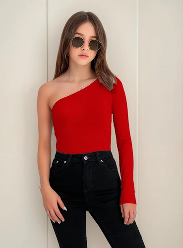 Blusa Crop Top Niña Manga Asimetrica Moda Casual