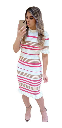 Vestido Midi Justo Babado Tricot Modal Moda Evangelica