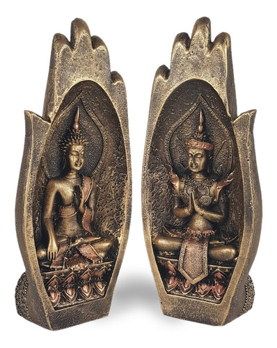 Casal Buda Híndu Mão Namastê Enfeite Decorativo Em Resina