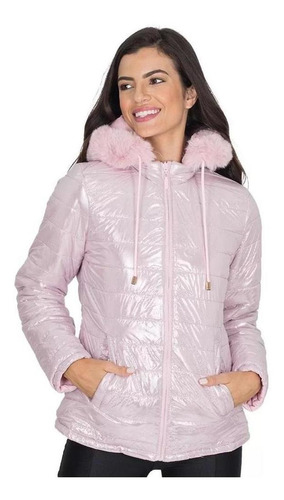 Jaqueta Casaco Metalizada Dupla Face Puffer Feminina Capuz