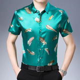 Camisa Con Estampado De Plumas Para Hombre, Ropa De Satén Li