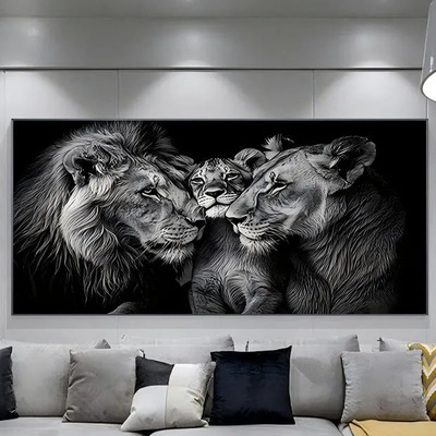 Lienzo En Blanco Y Negro Sin Marco De Una Familia De Leones | Meses sin interés