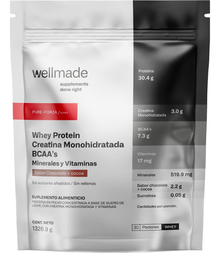 Suplemento Polvo Wellmade Proteina Whey Creatina Bcaas 1.3kg Sabor Chocolate Y Cocoa