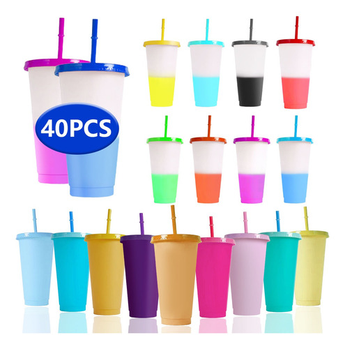 40 Vasos Magicos Cambian De Color Con Tapa Y Popote 710ml