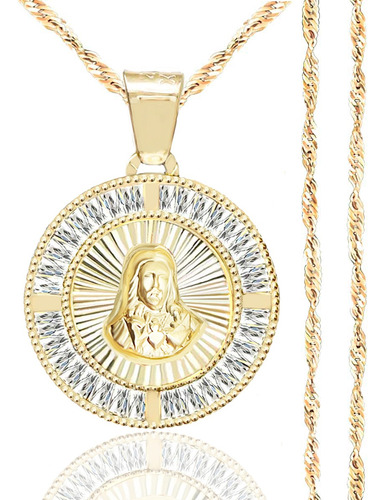 Medalla Oro Sagrado Corazón Jesús Hombre Cadena Oro 10k 55cm