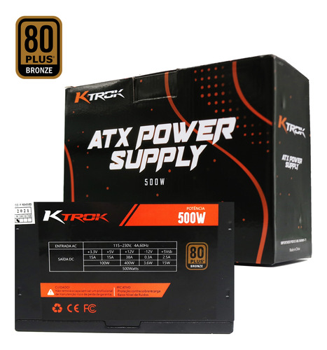 Fonte Gamer Ktrok 500w Real Pfc Ativo 80 Plus Bronze