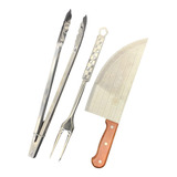 Set Asador Cuchillo Hacha 34cm Mango Madera Tenedor Y Pinza